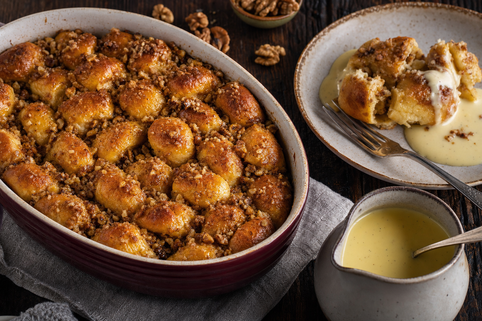 Aranygaluska — Hungarian golden dumpling cake — yeast balls in butter, walnuts, vanilla sauce