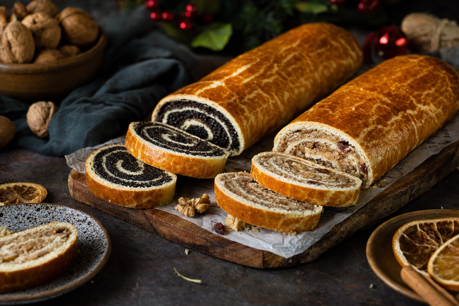 Bejgli — Tender yeasted rolls with a rich walnut and poppy seed filling for the holidays