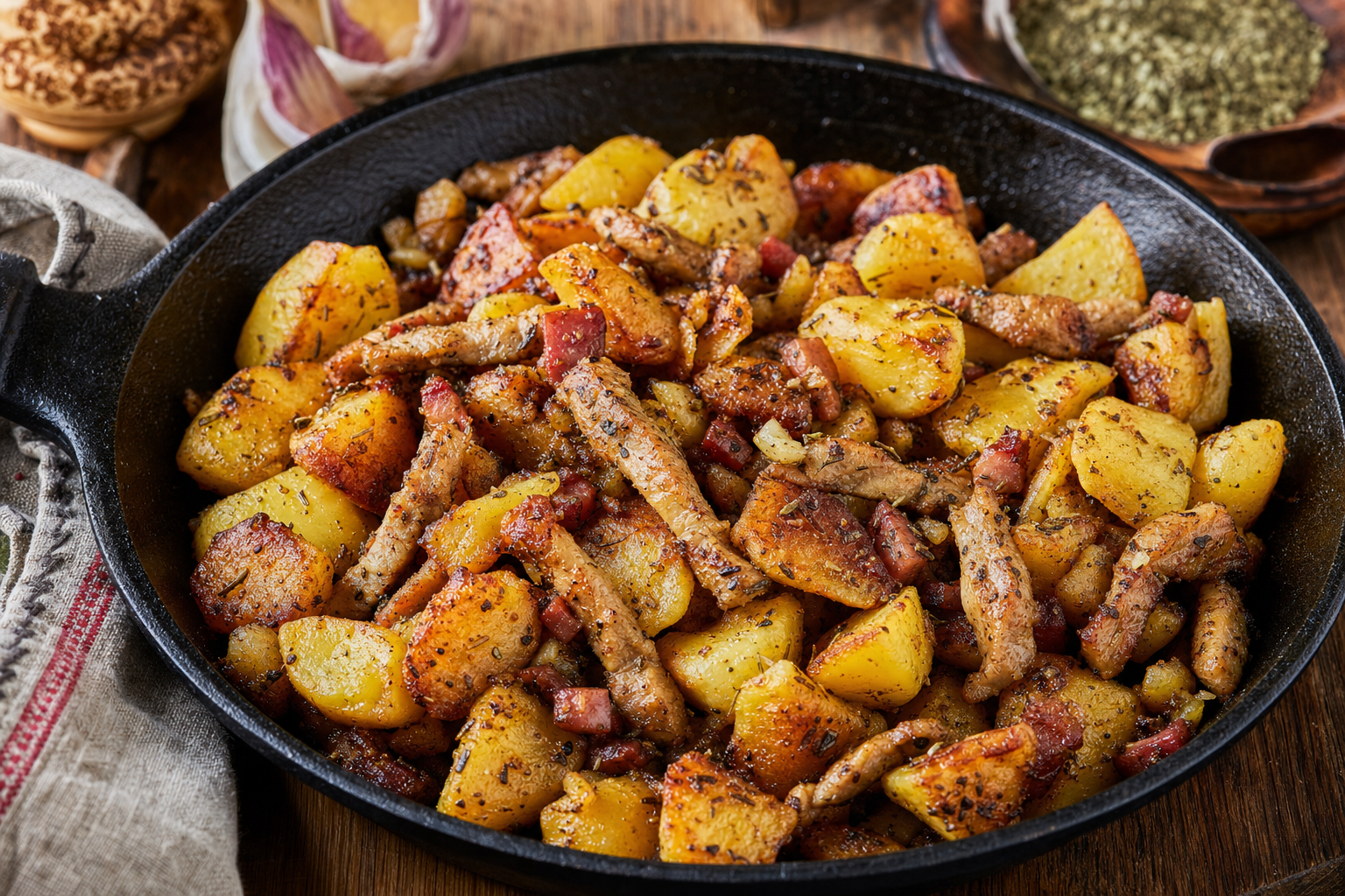 Brassói aprópecsenye — Crispy potatoes, strips of pork, plenty of garlic and marjoram