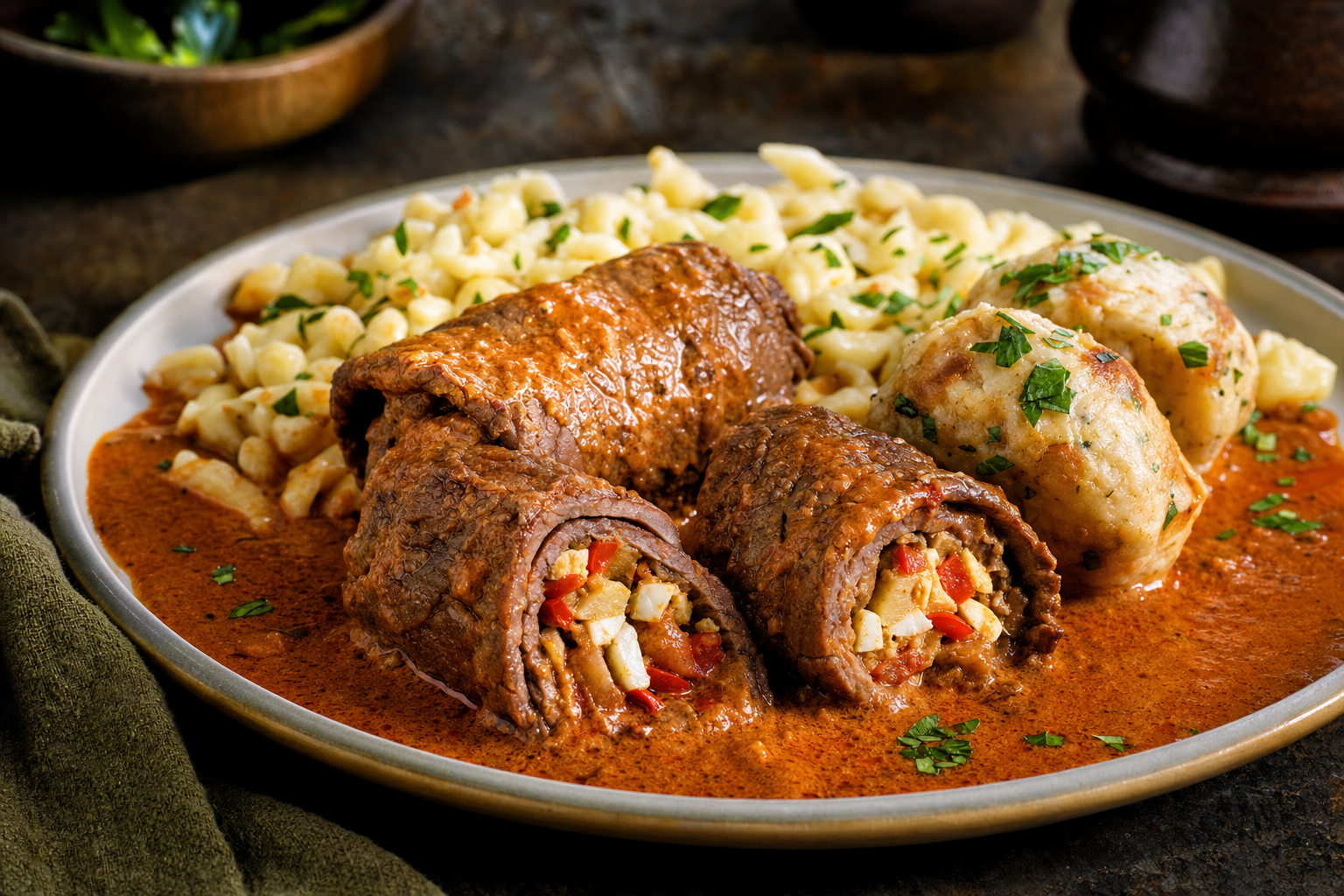 Csáky-rostélyos — Beef roulades with a lecsó-and-egg filling in a velvety paprika sauce