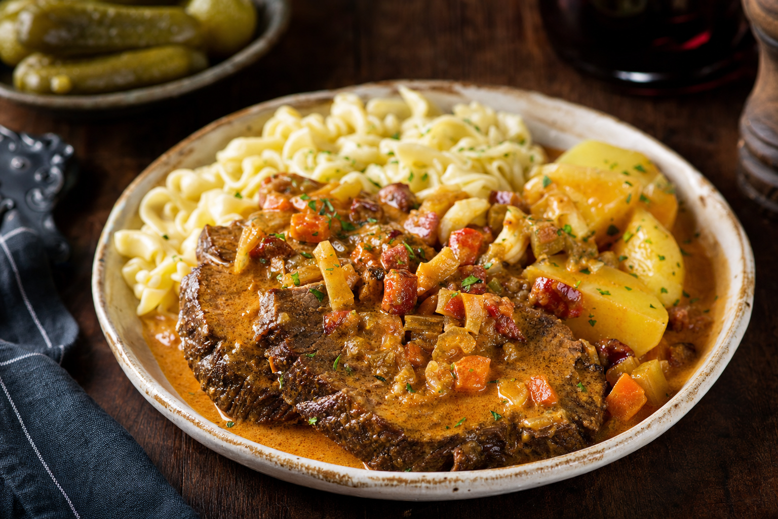 Deák-rostélyos — Braised beef steaks in a paprika and root vegetable sauce finished with sour cream