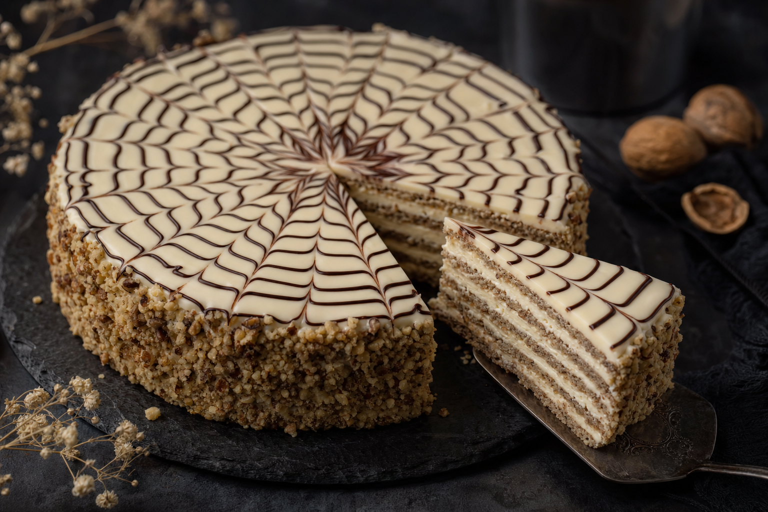 Eszterházy-torta — Five thin walnut layers, vanilla buttercream and that spiderweb top
