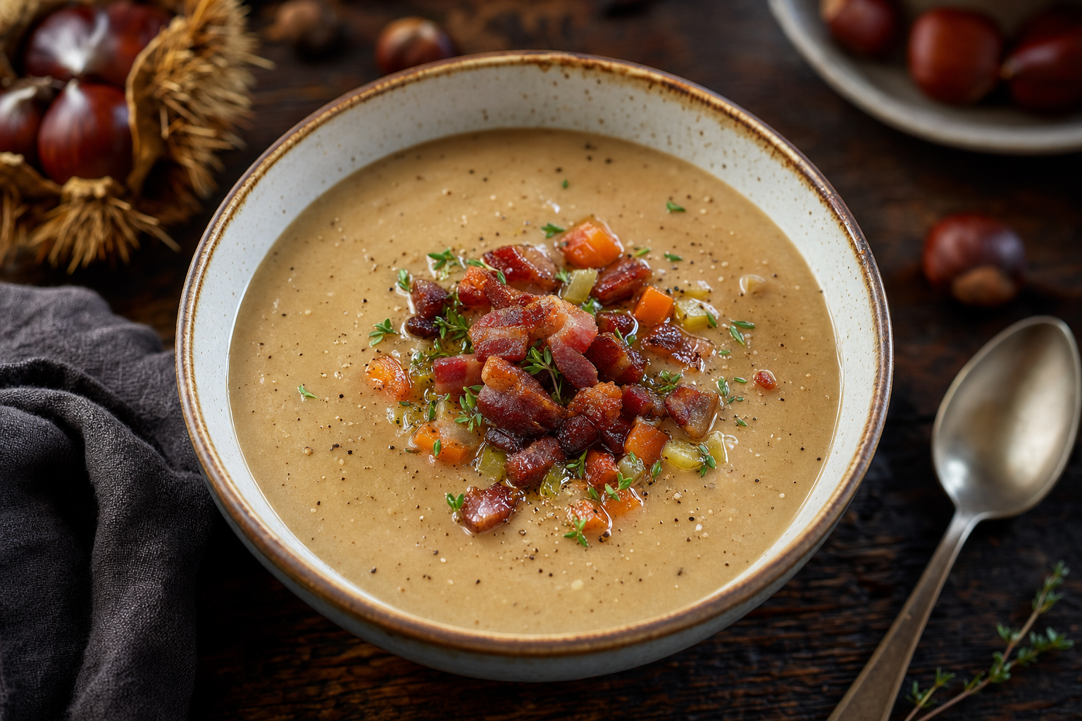 Gesztenyekrémleves — Velvety chestnut cream soup with crispy bacon, thyme and a touch of nutmeg