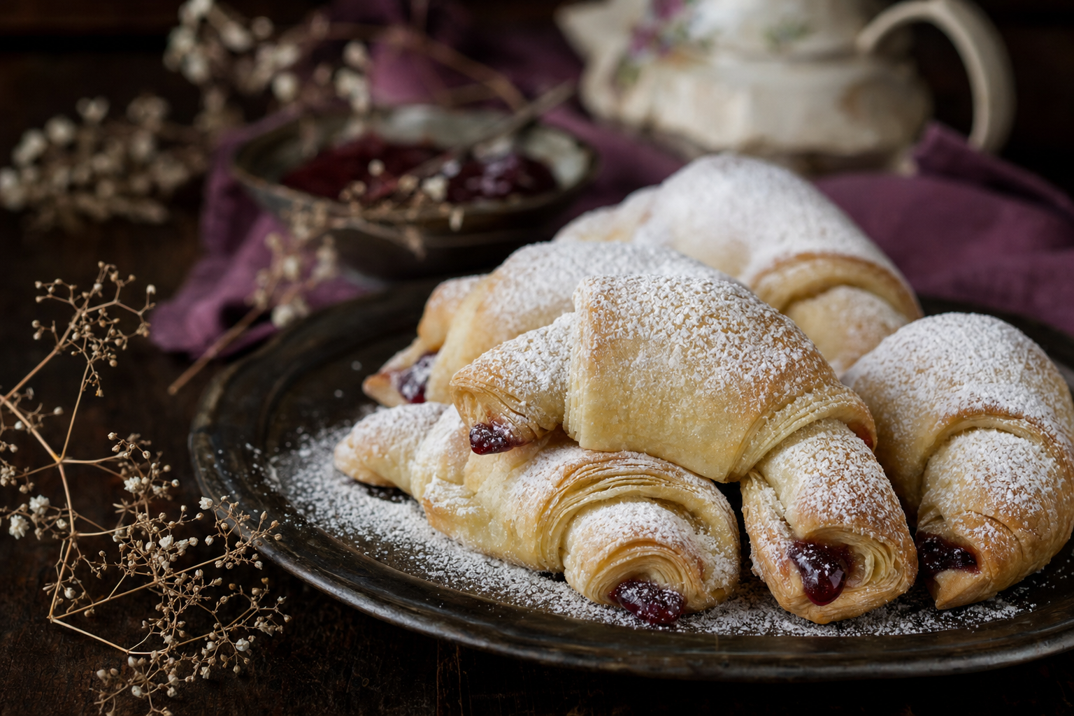 Hajas Kifli — Flaky leaf-lard crescents filled with jam and buried under icing sugar