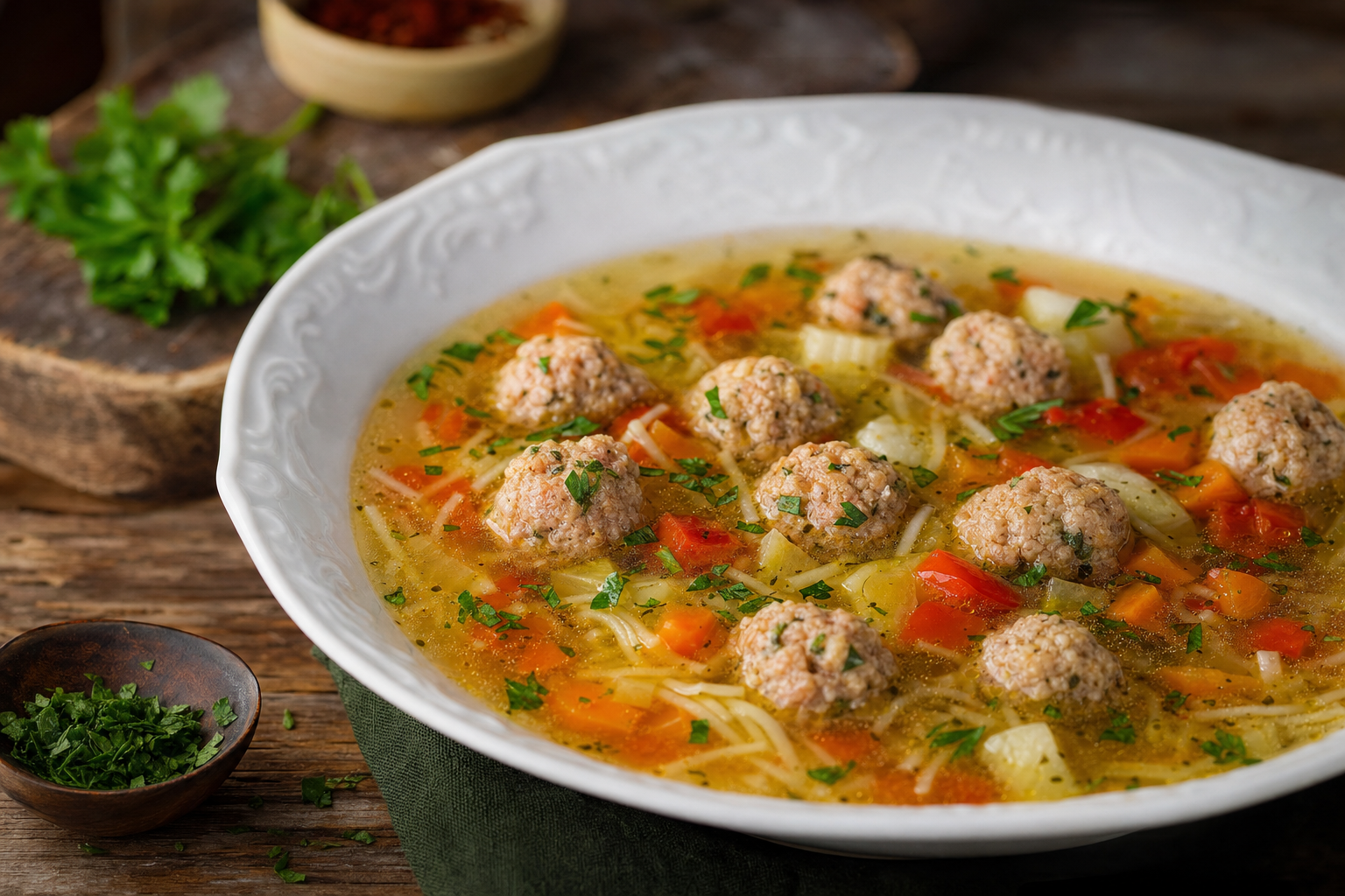 Húsgombócleves — Clear vegetable broth with tender pork meatballs, paprika and parsley
