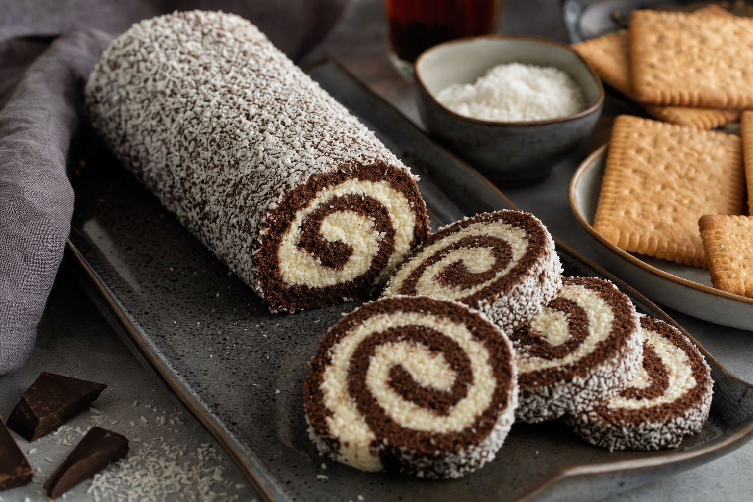 Kokuszos Keksztekercs — Hungarian no-bake biscuit roll with cocoa, coconut buttercream and a pretty swirl