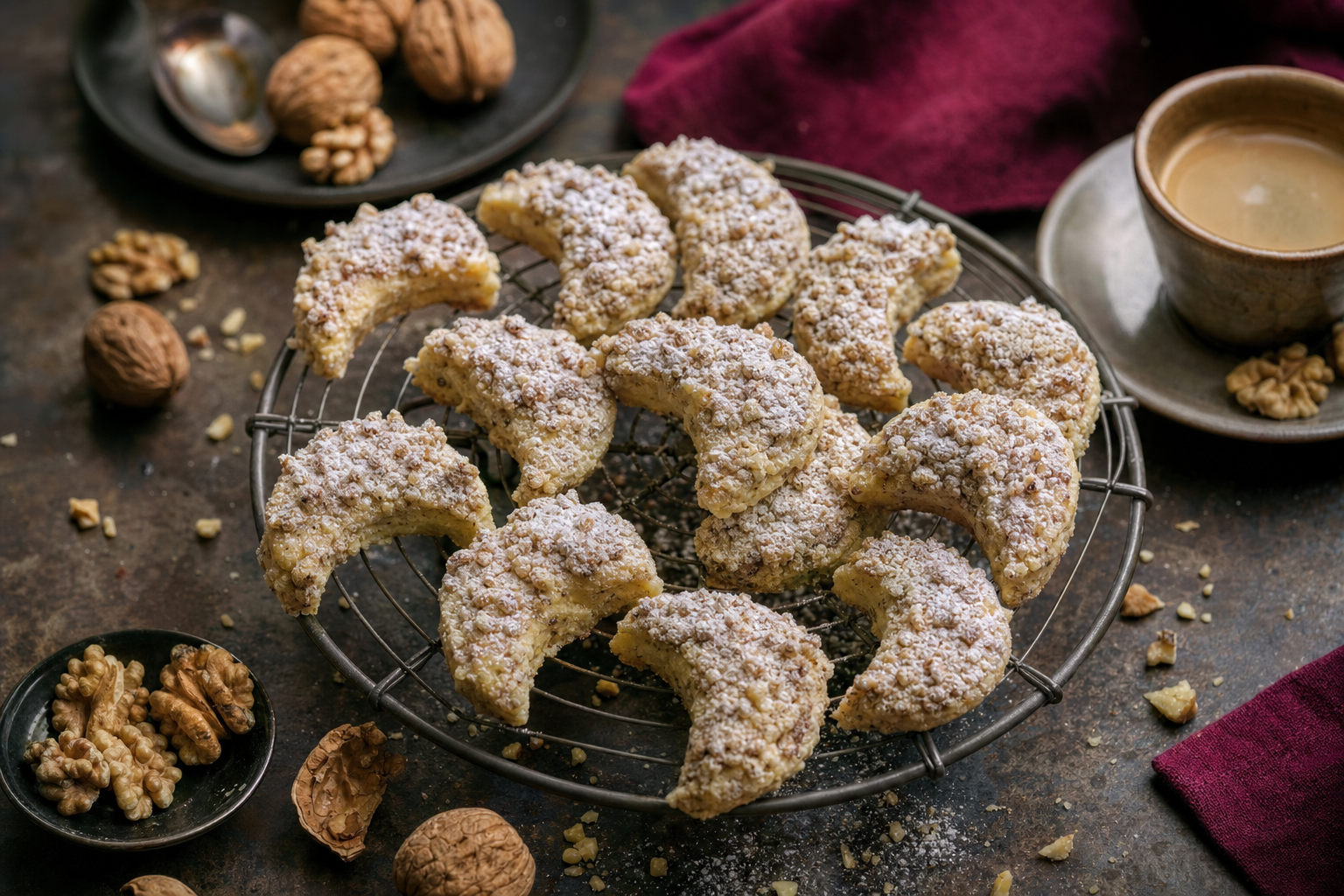 Kossuth-kifli — Buttery walnut sheet cake, cut into crescents after baking