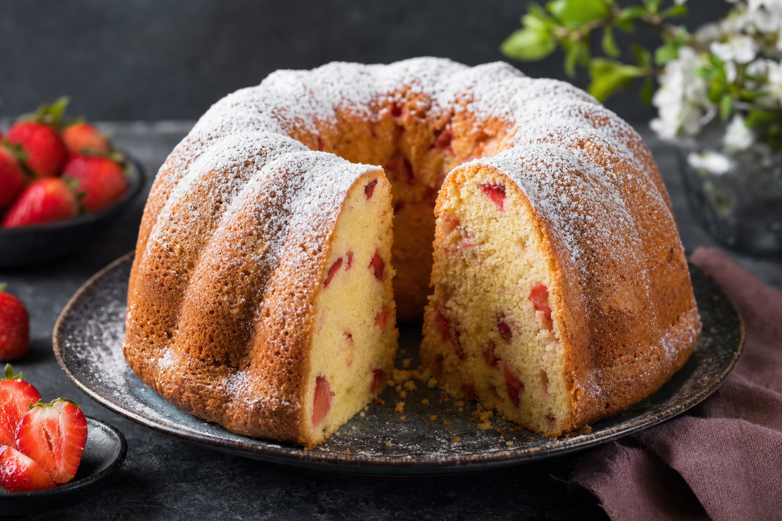 Kuglóf — Tall Hungarian ring cake with strawberries and a snowfall of icing sugar