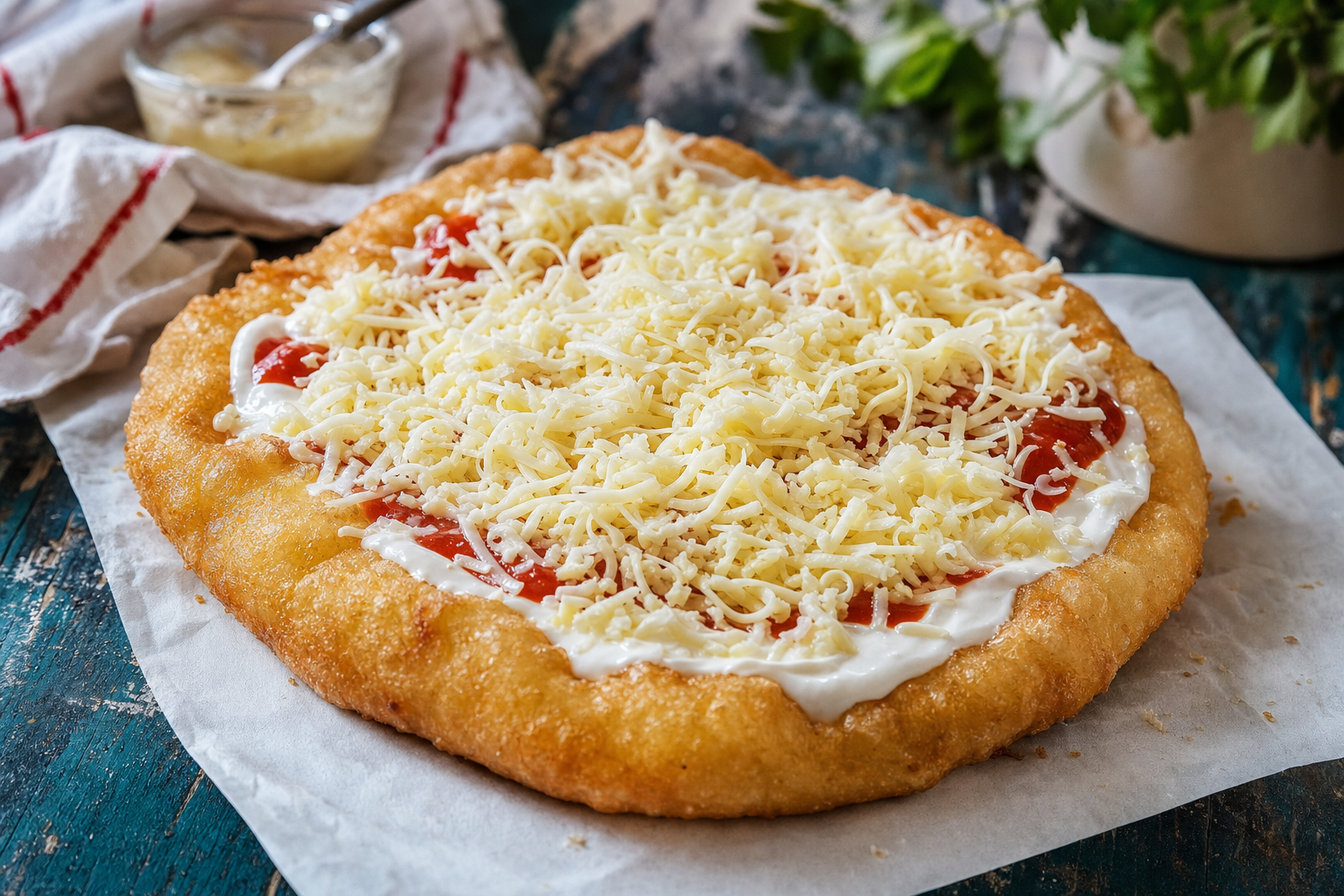 Lángos — Golden deep-fried yeast flatbreads with garlic, sour cream and cheese