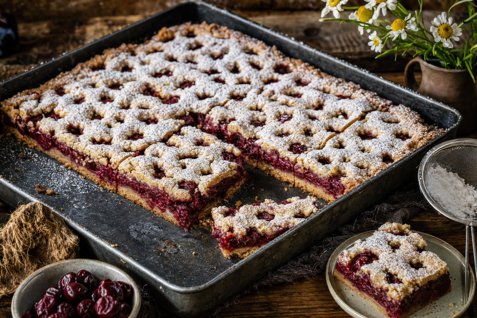 Meggyes pite — A tender tray bake with tart cherries, cinnamon and a snowfall of powdered sugar