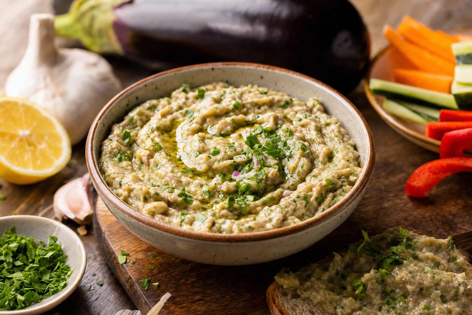 Padlizsankrem — Creamy roasted eggplant spread with garlic, onion, lemon and plenty of parsley