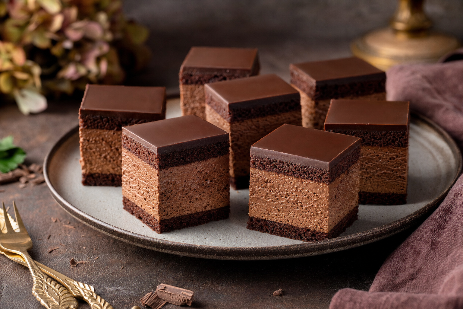 Rigó Jancsi — Dark cocoa sponge, airy chocolate cream, cut into neat squares