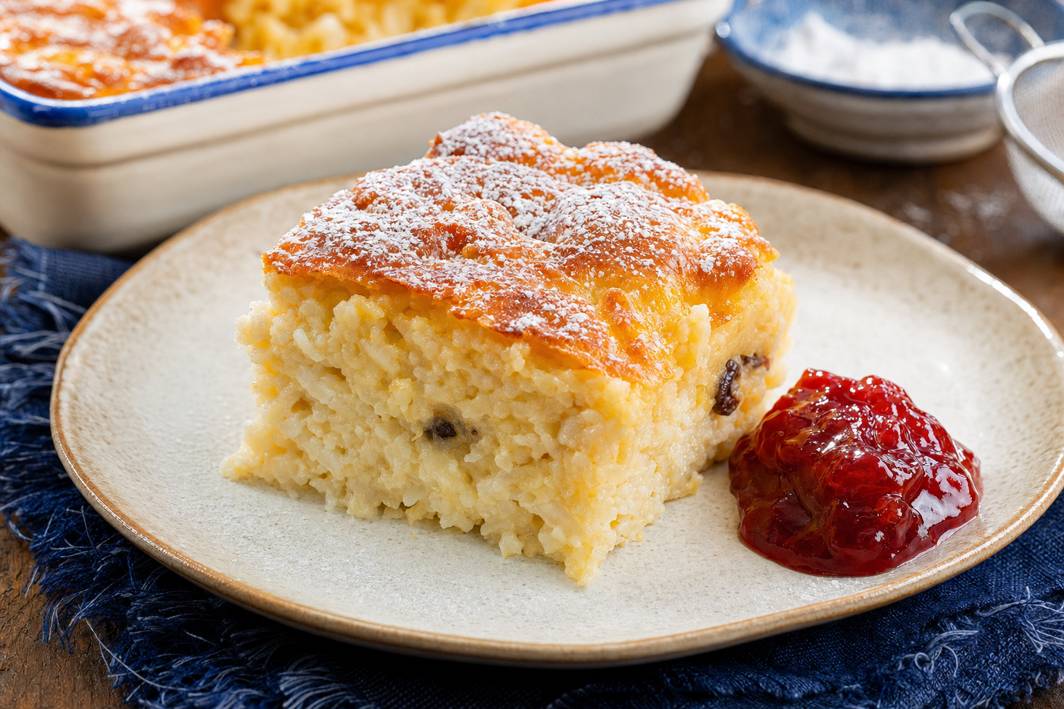 Rizsfelfújt — Hungarian baked rice pudding, airy, with raisins, lemon zest and a spoonful of jam