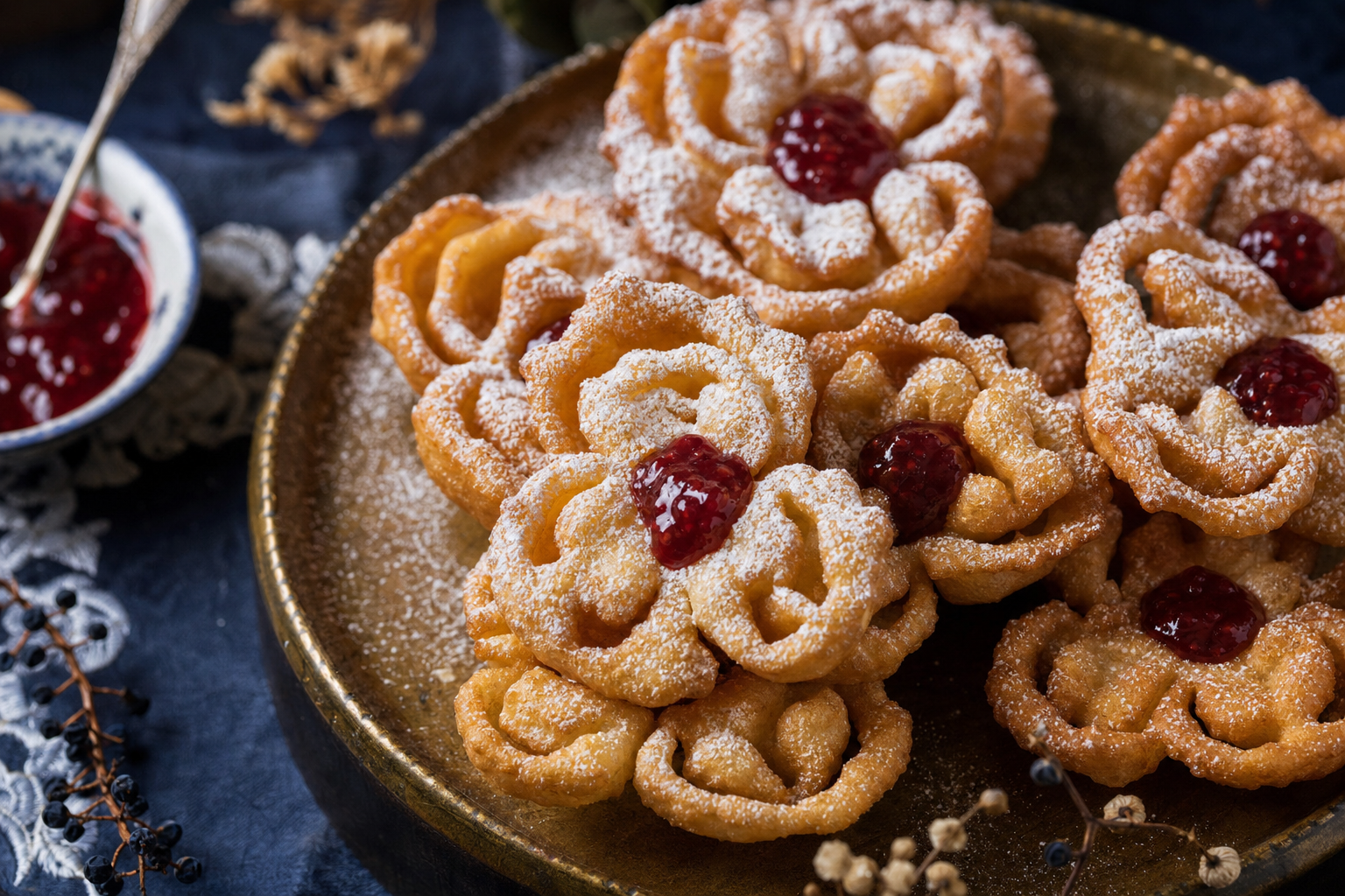 Rózsafánk — Hungarian rose fritters: delicate pastry flowers with icing sugar and jam