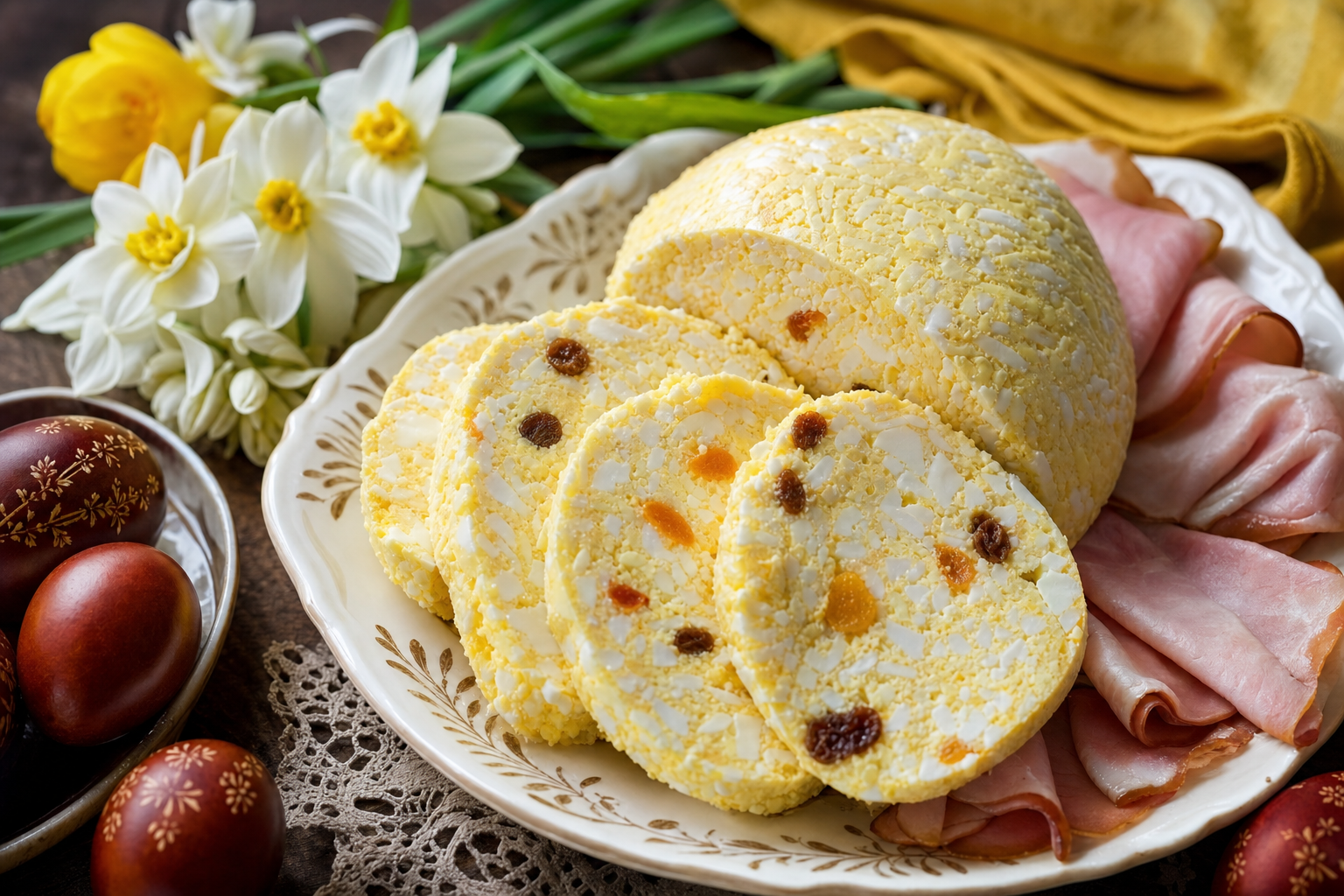Sargaturo — Hungarian Easter egg cheese, set in a cloth and sliced cold