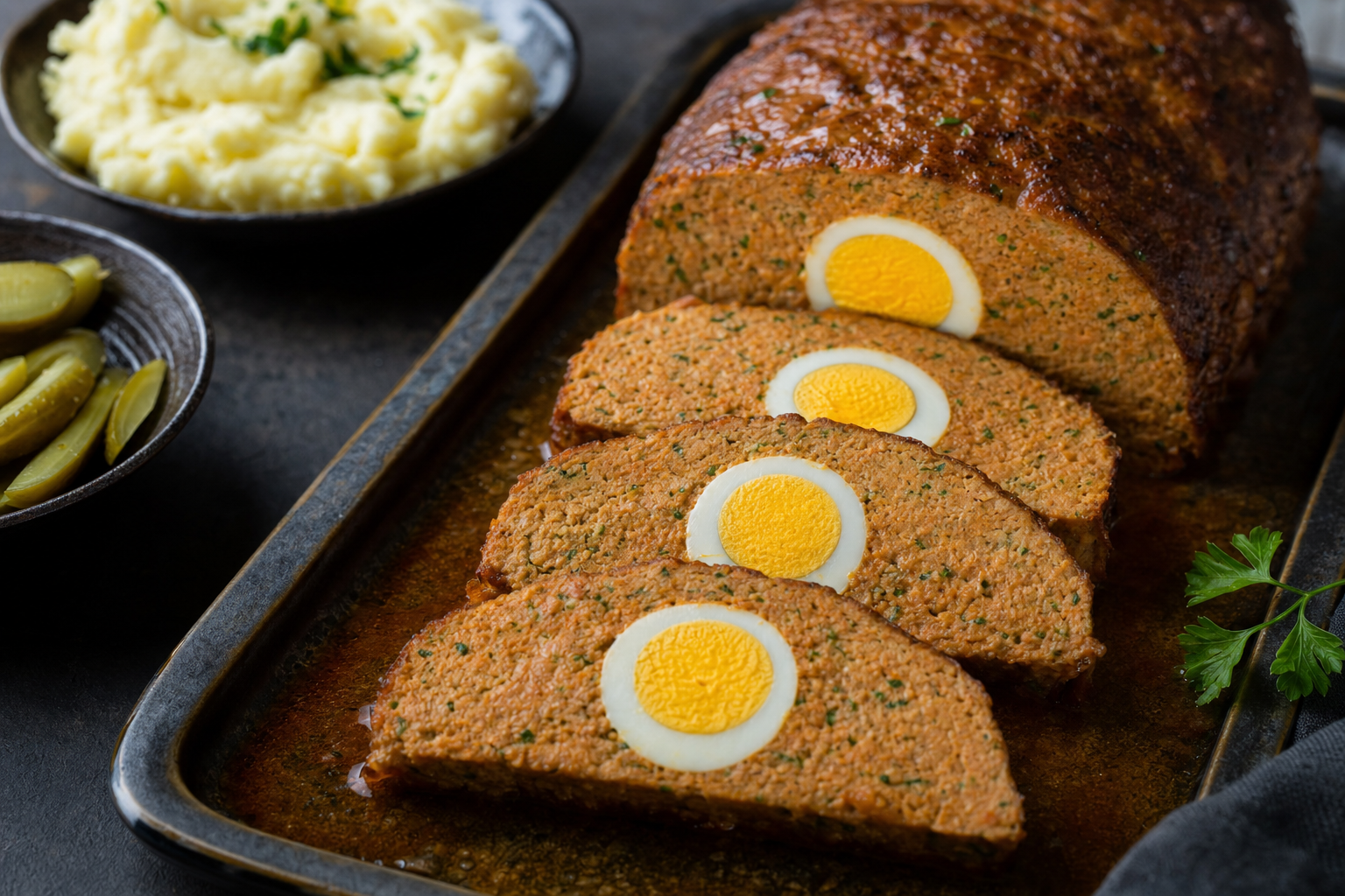 Stefánia-vagdalt — Juicy Hungarian meatloaf with a row of whole eggs running through it